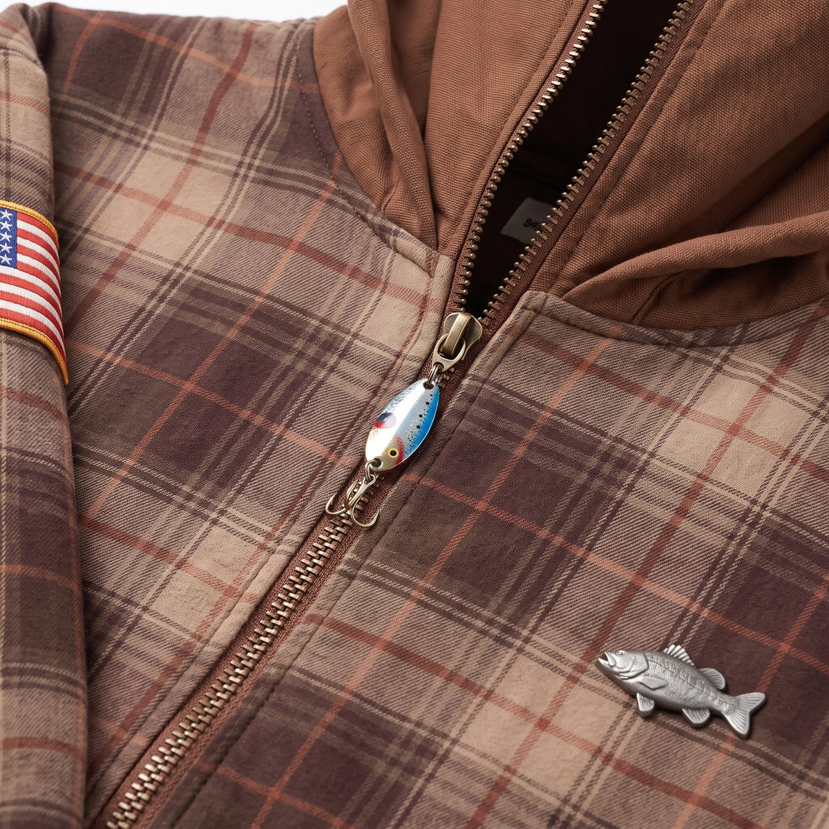 Spoon-lure zip pull and pewter bass pin